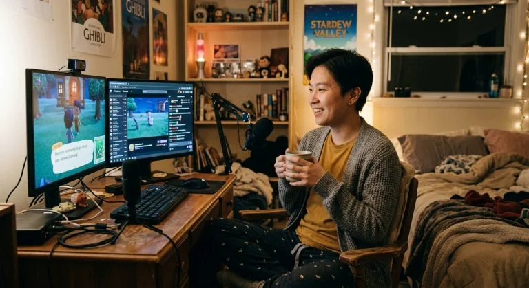 A young East Asian man smiling warmly while holding a mug at his desk with two monitors displaying a video game and streaming chat in a cozy, fairy-lit bedroom.