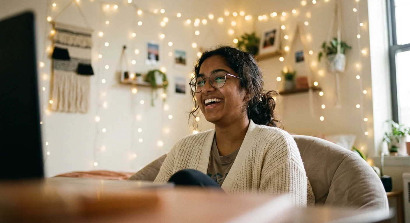 A young South Asian woman laughs joyfully while looking at a screen in a cozy room decorated with twinkling fairy lights.