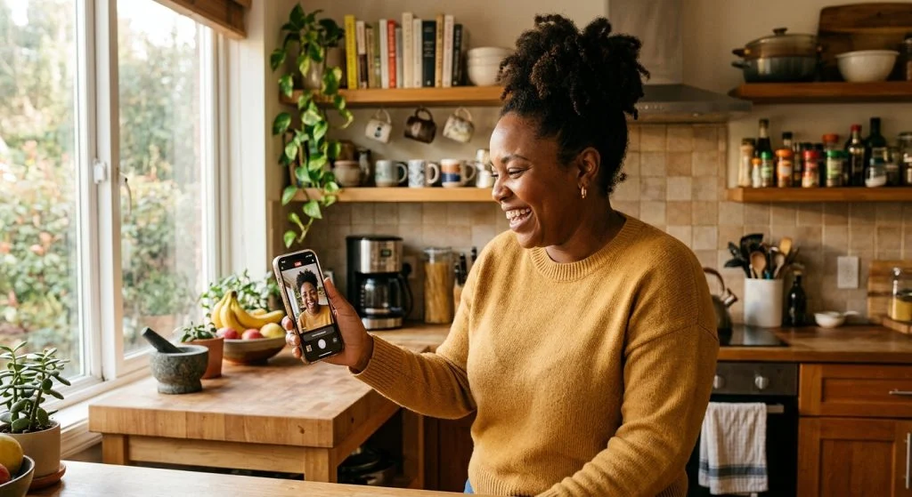 A Black woman in a cozy kitchen laughs while looking at her smiling reflection on a smartphone screen, a sunny day visible outside.