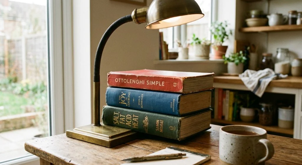 A brass desk lamp illuminates a stack of cookbooks and a mug on a rustic wooden table in a cozy kitchen.