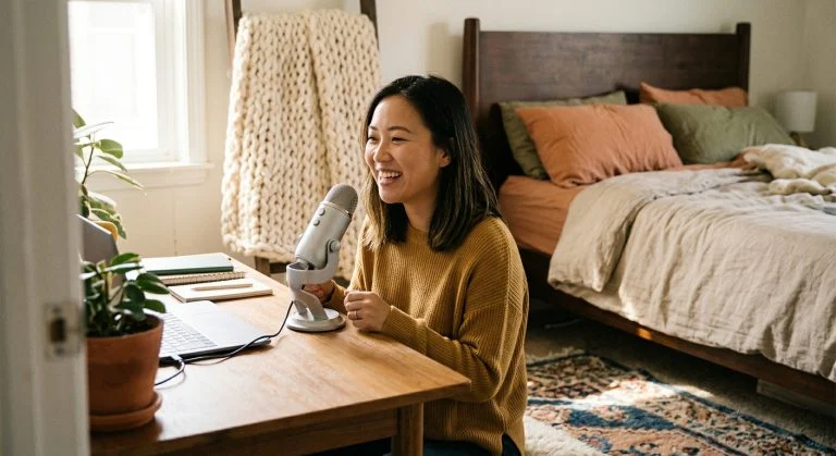 A cheerful young Asian woman in a mustard sweater laughs while speaking into a microphone at a wooden desk in a cozy, sunlit bedroom.