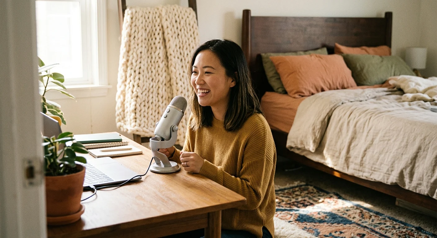 A cheerful young Asian woman in a mustard sweater laughs while speaking into a microphone at a wooden desk in a cozy, sunlit bedroom.