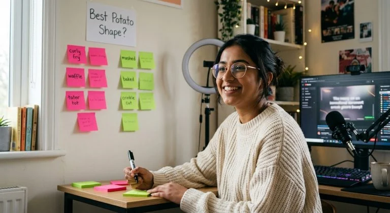 A cheerful young Indian woman in glasses writes on a sticky note at a desk, a "Best Potato Shape?" brainstorm wall behind her.