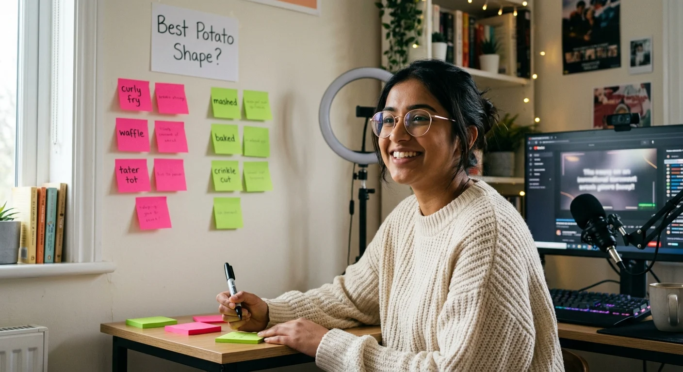 A cheerful young Indian woman in glasses writes on a sticky note at a desk, a "Best Potato Shape?" brainstorm wall behind her.