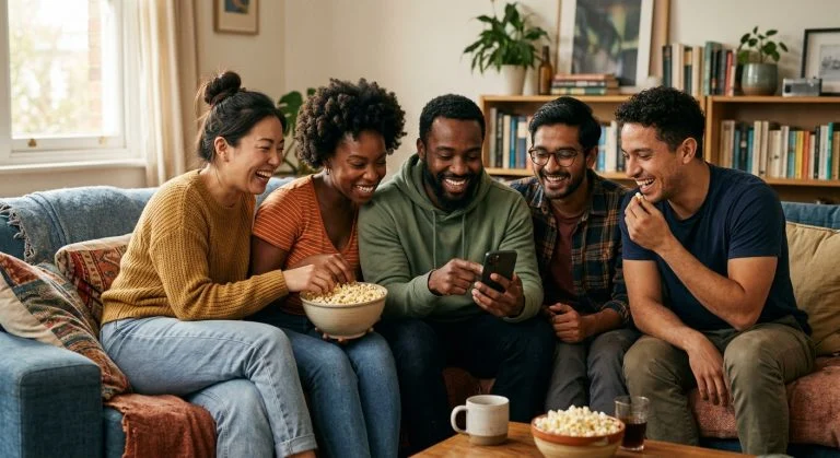 A diverse group of five joyful young adults laughing and sharing popcorn on a living room couch, focused on a Black man's phone.