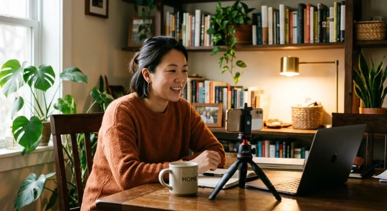 An East Asian woman in an orange sweater smiles at her phone on a tripod at a warm desk with plants and books.