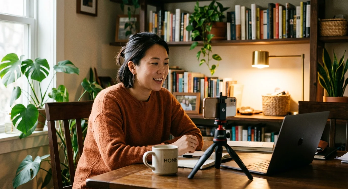 An East Asian woman in an orange sweater smiles at her phone on a tripod at a warm desk with plants and books.