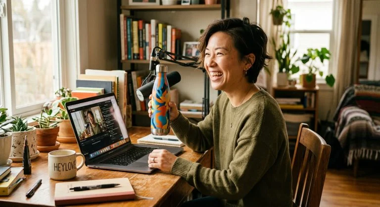 An East Asian woman laughs heartily while holding a colorful water bottle at a desk with a laptop, microphone, and plants in a bright room.