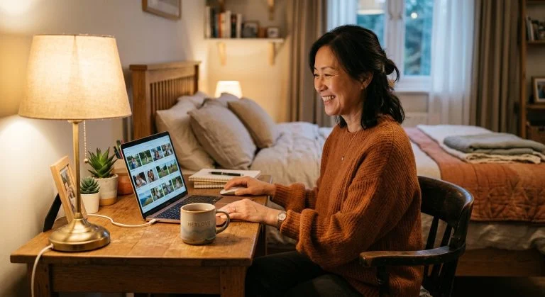 An East Asian woman smiles warmly while reviewing photos on a laptop at a cozy wooden desk in a softly lit bedroom.