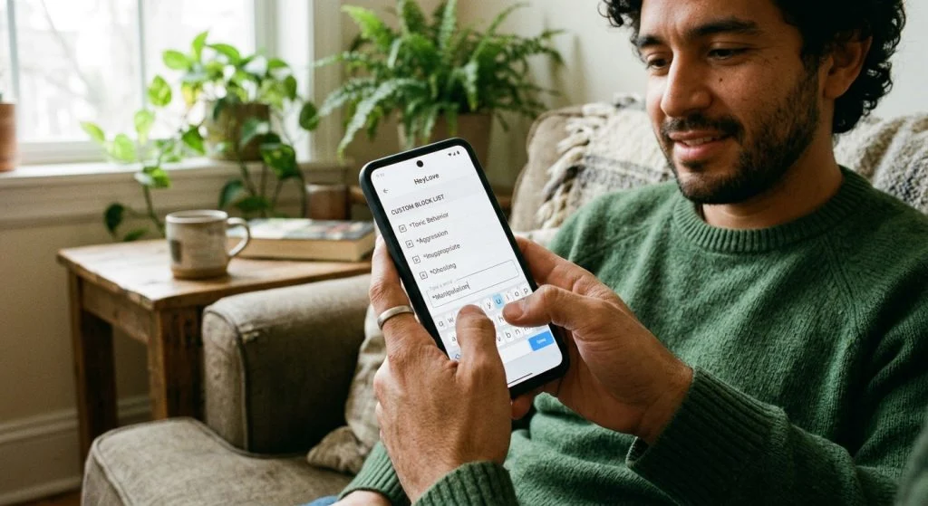 A focused Middle Eastern man in a green sweater edits a 'Custom Block List' on his phone, typing 'Manipulation' in a cozy room.