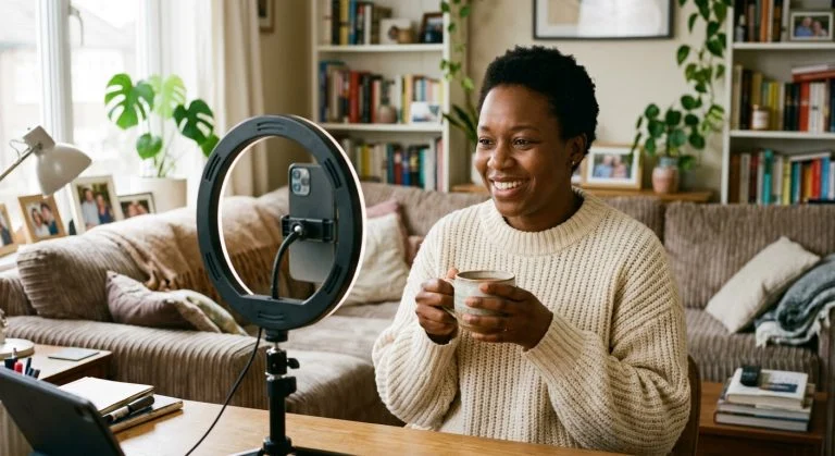 A happy Black woman in a cream sweater holds a mug while looking into a smartphone on a ring light in her cozy living room.