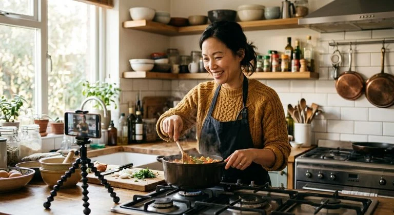 A joyful Asian woman in a mustard sweater and apron stirs a steaming pot on a stove, filming herself cooking in a bright kitchen.