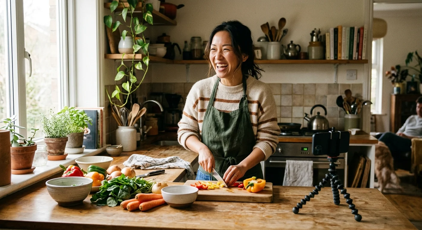 A joyful Asian woman in an apron chops colorful vegetables on a wooden counter in a sunlit kitchen, filming with a phone.