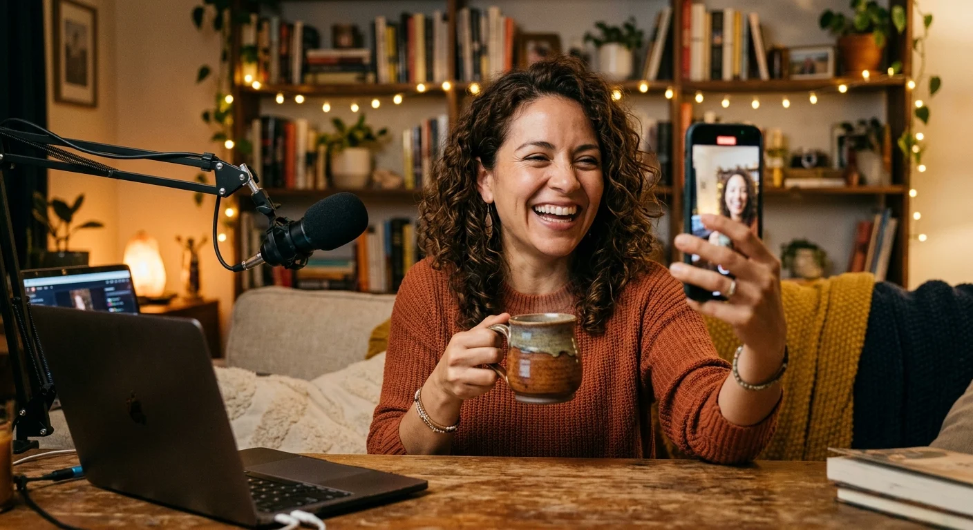 A joyful woman with curly brown hair laughs, holding a phone and mug at a desk with a microphone in a cozy room with string lights.