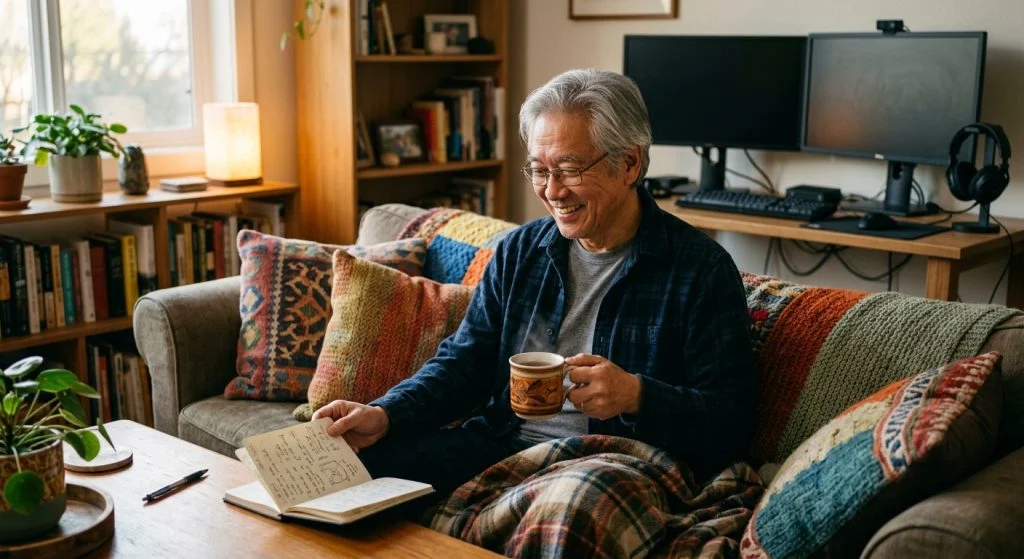 An older Asian man, smiling and relaxed on a sofa, holding a steaming mug while reading an open notebook in a cozy living room.