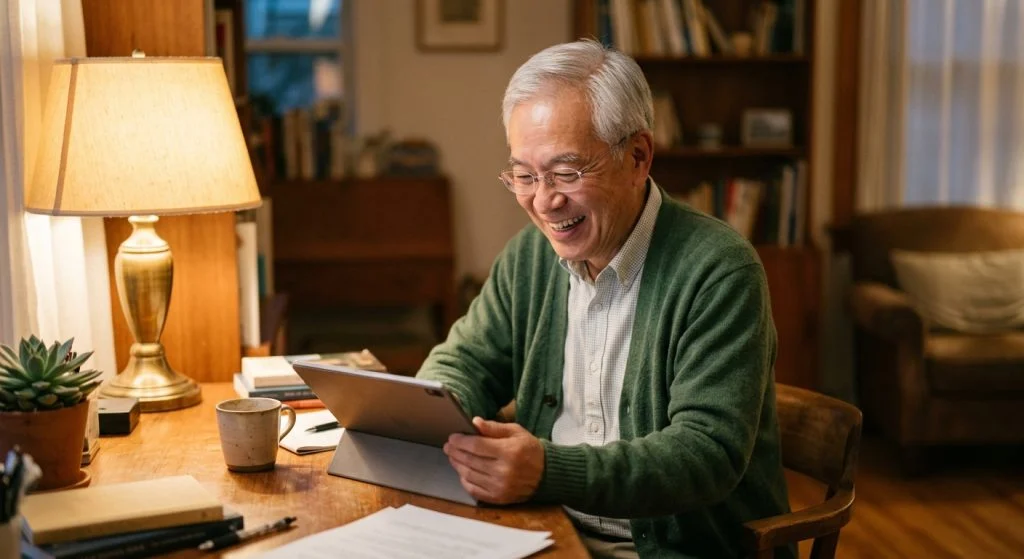An older Asian man with gray hair and glasses smiles happily while looking at a tablet at a warm-lit wooden desk.