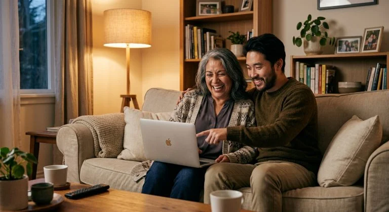 An older Asian woman and a younger Asian man happily laugh while looking at a laptop on a living room sofa.