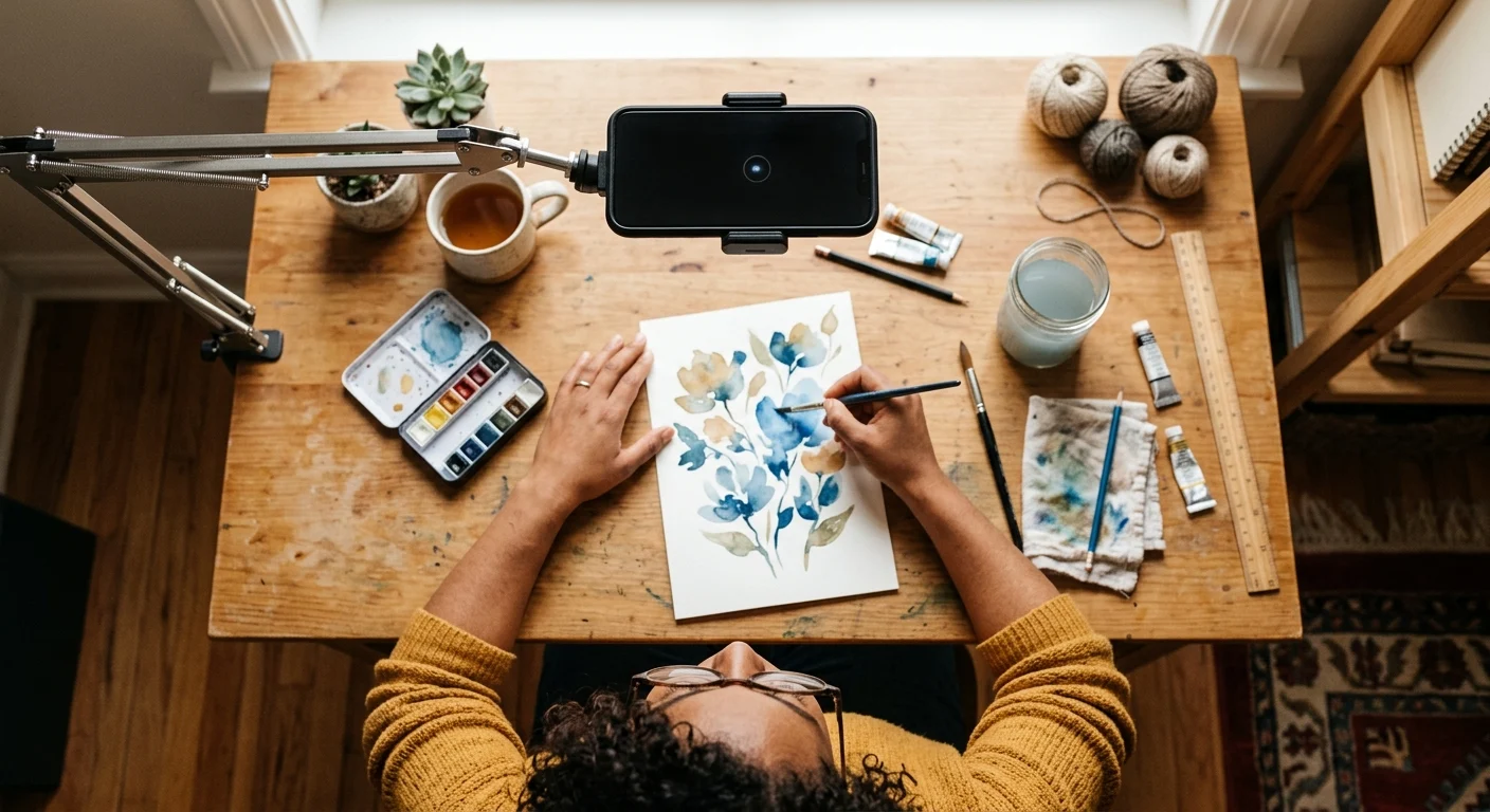 Overhead, a person with light brown skin, curly dark hair, and glasses paints blue and brown watercolor flowers on paper at a wooden desk with art supplies and a phone.
