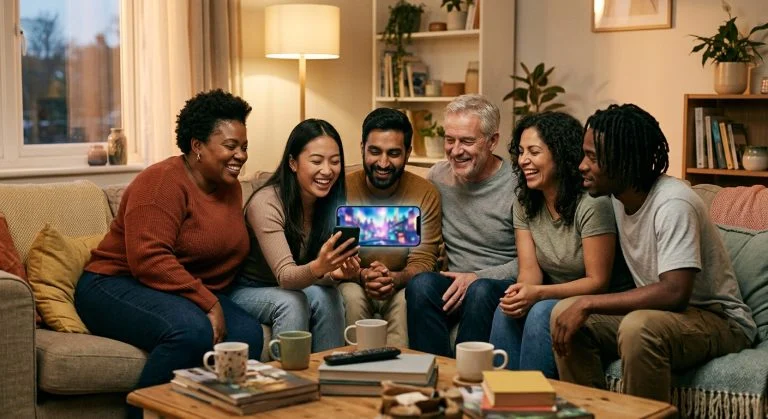 Six diverse adults happily laughing on a couch in a warm living room while watching a vibrant city scene on a smartphone.