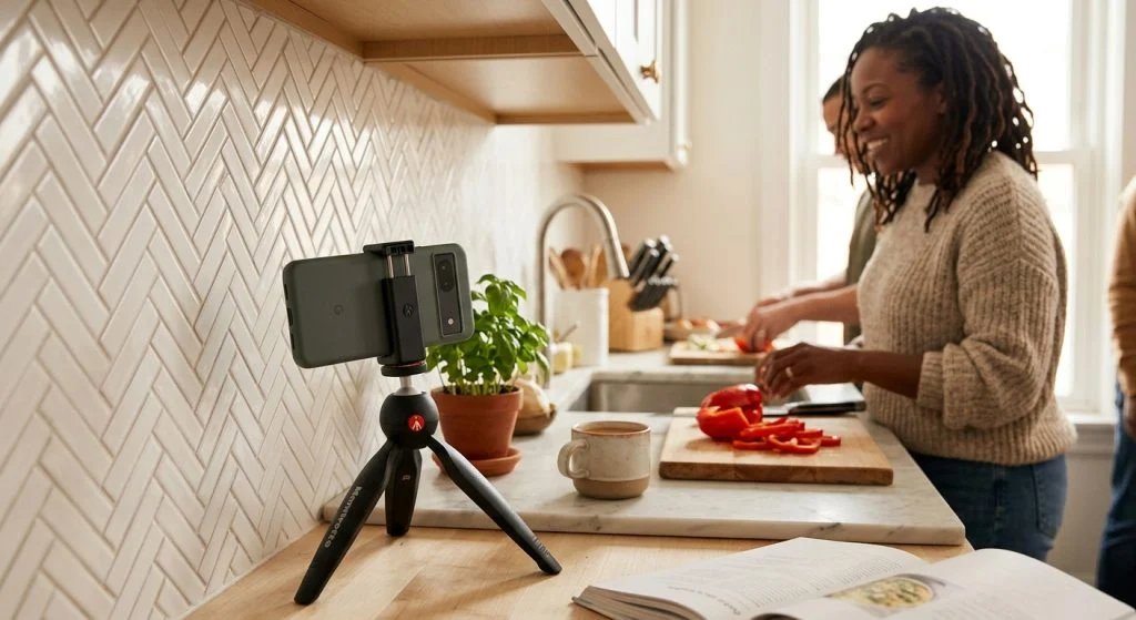 A smartphone on a tripod records a smiling Black woman with dreadlocks chopping red peppers in a bright kitchen while another person also preps food.