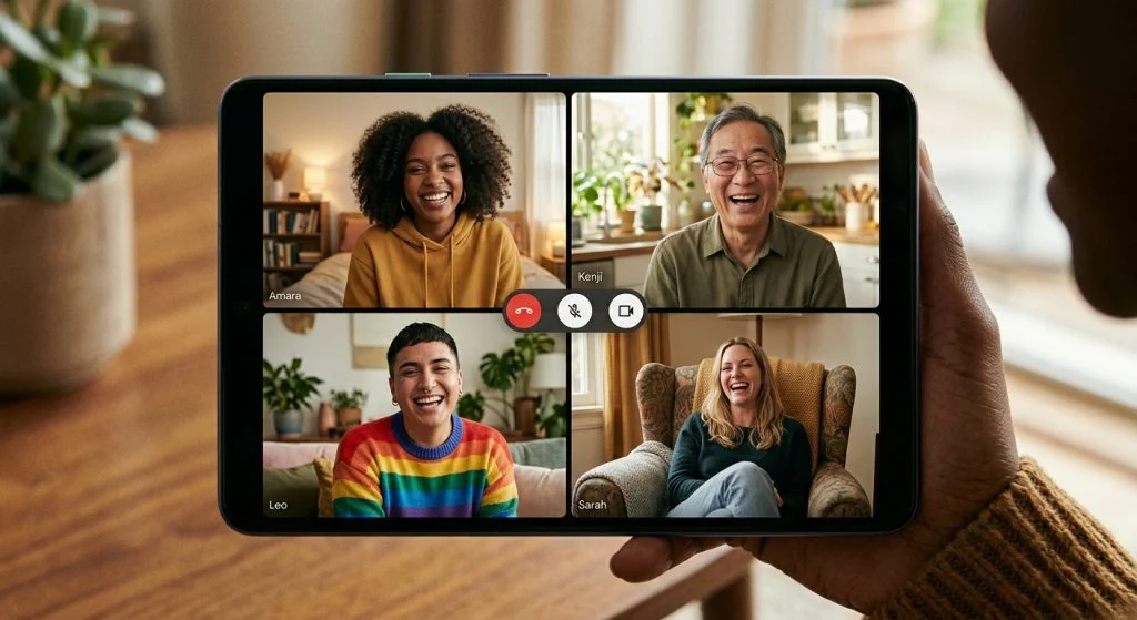 A smartphone shows a video call with four people laughing: a Black woman, an East Asian man, a person in a rainbow sweater, and a white woman.