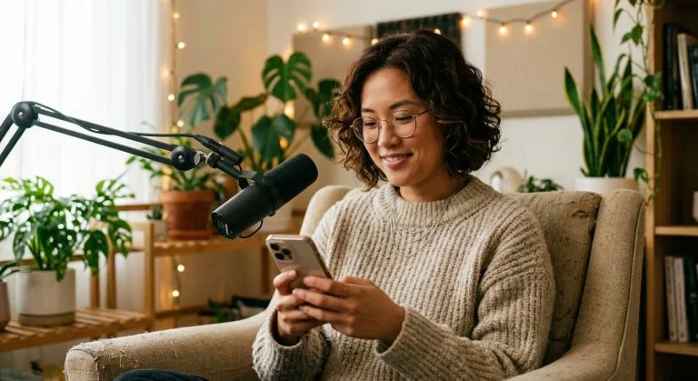 A smiling Asian woman with glasses and curly hair sits in an armchair, looking at her phone, with a podcast microphone and plants in a cozy room.
