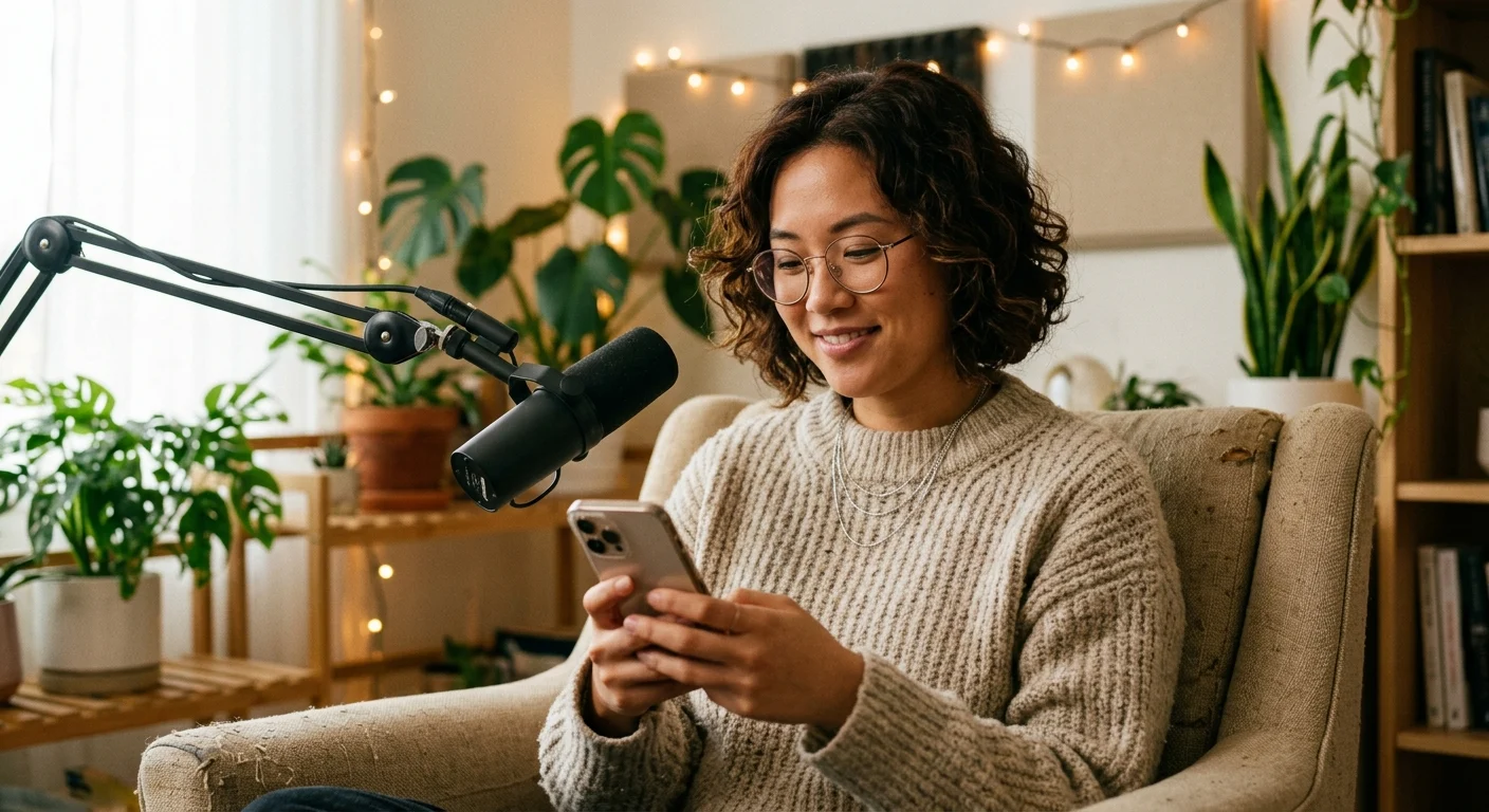 A smiling Asian woman with glasses and curly hair sits in an armchair, looking at her phone, with a podcast microphone and plants in a cozy room.