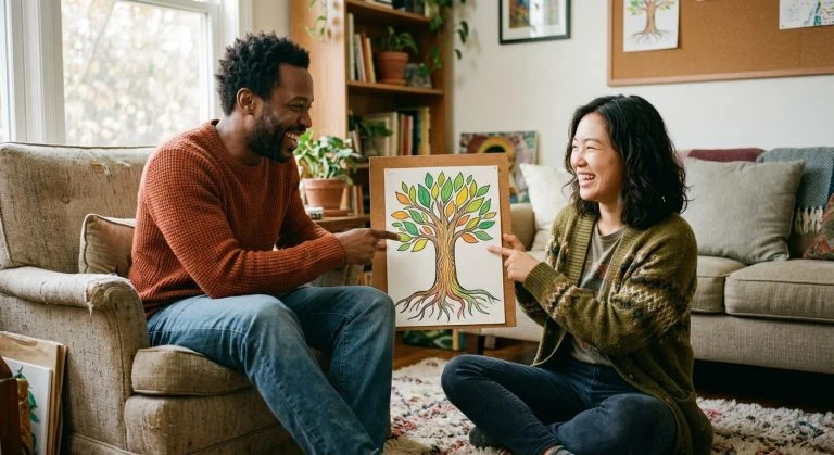 A smiling Black man and East Asian woman happily point at a colorful drawing of a tree in a sunlit living room.