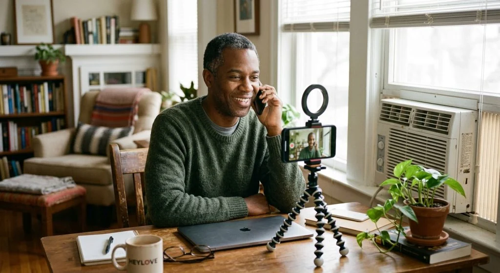 A smiling Black man in a green sweater talks on a phone while being recorded by a smartphone with a ring light on a home office desk.