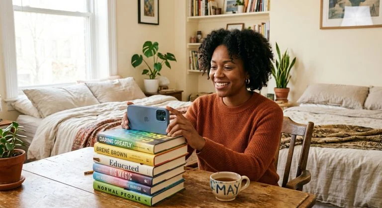 A smiling Black woman in an orange sweater video calls from a cozy bedroom, her phone propped on a stack of books.