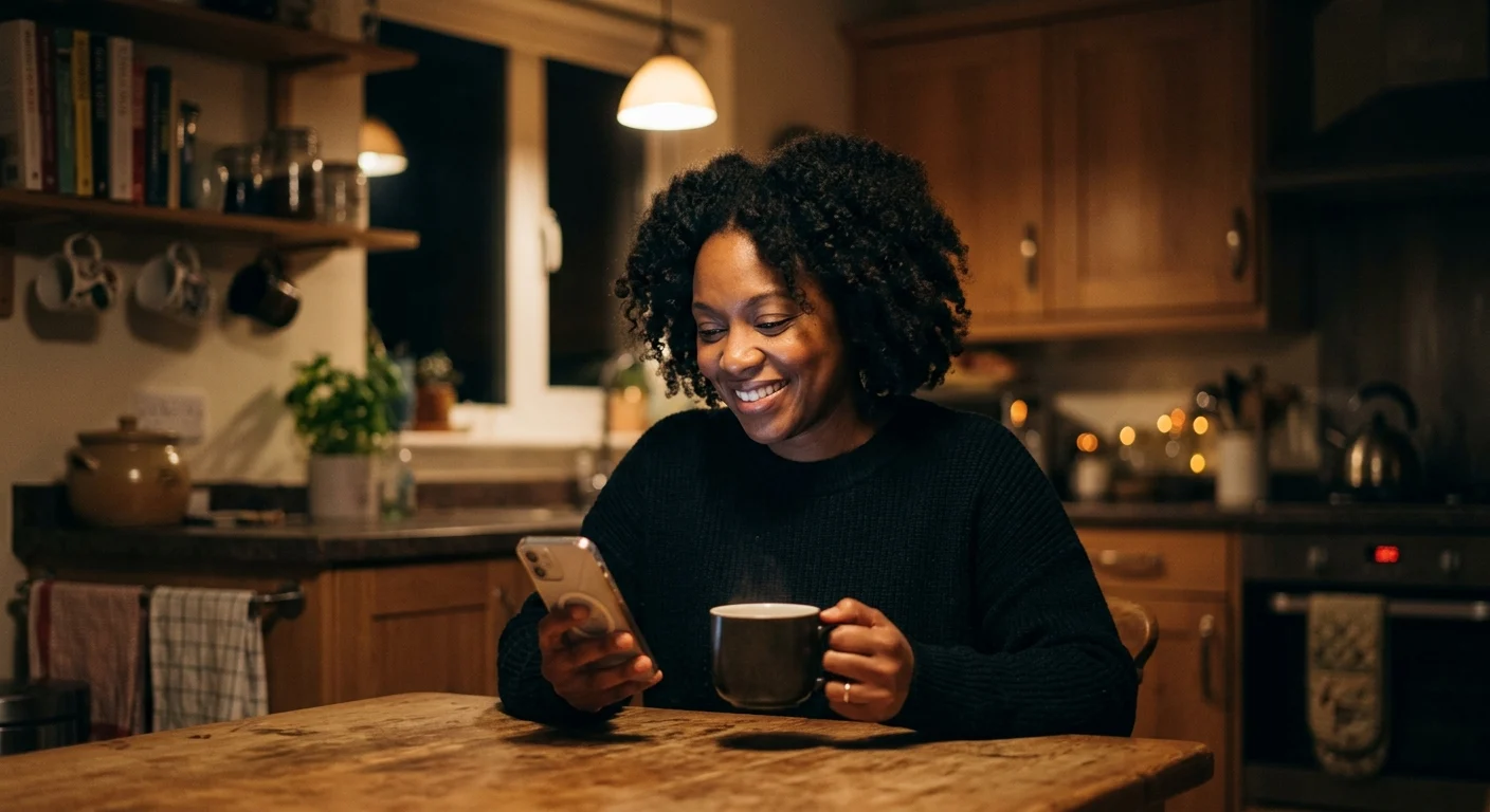 A smiling Black woman with curly hair sits at a cozy kitchen table, looking at her phone while holding a steaming mug.