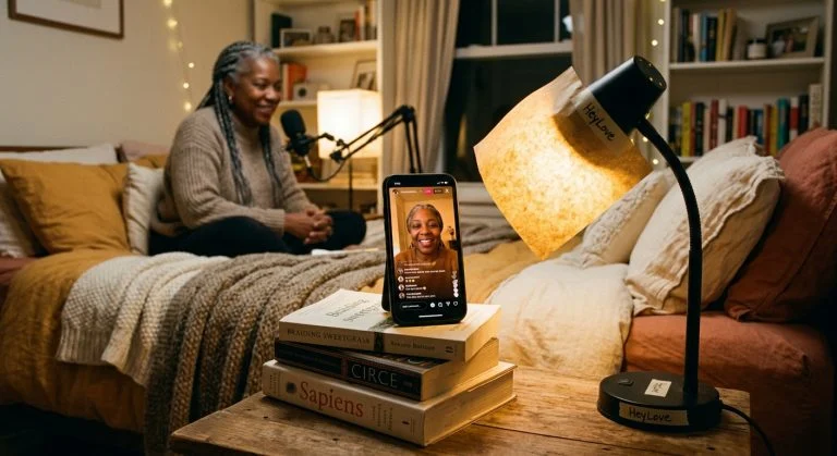 A smiling Black woman with gray braids sits on a bed, appearing live on a phone screen on a cozy nightstand, lit by a warm lamp.