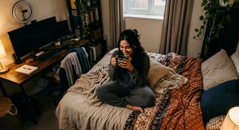 A smiling Indian woman in gray loungewear sips from a green mug while sitting cross-legged on her patterned bed in a cozy bedroom.