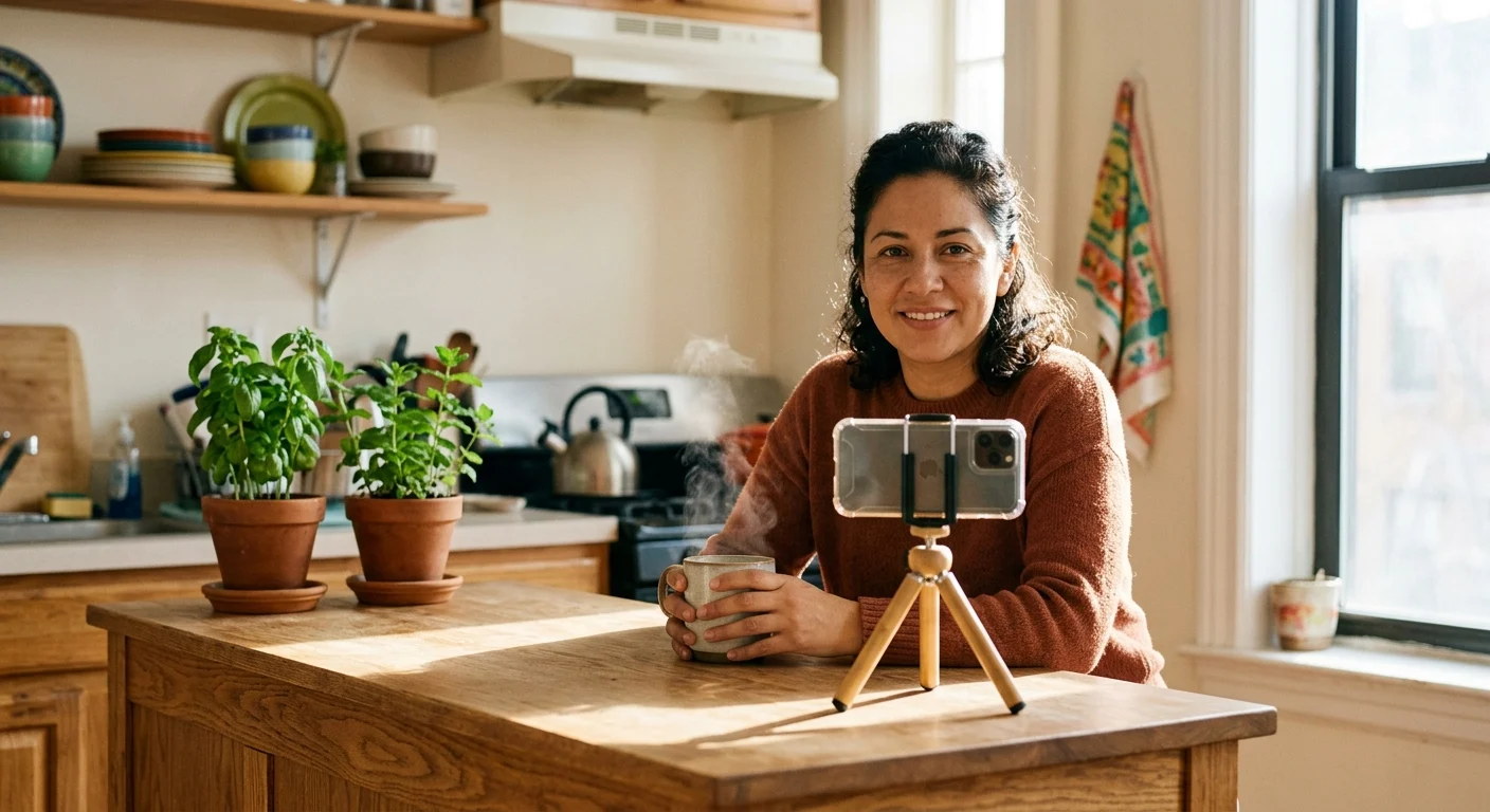 Smiling Latina woman in a cozy kitchen live-streaming with her smartphone, holding a steaming mug on a sunlit wooden island.