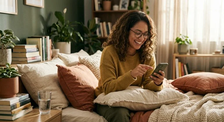 A smiling woman with curly hair and glasses sits comfortably on a bed, looking happily at her phone in a cozy, plant-filled room.