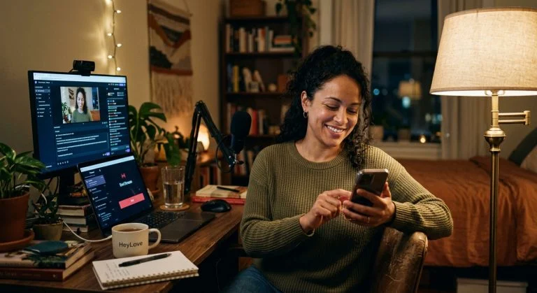 A smiling woman with dark curly hair texts on her phone at a cozy desk with a monitor, mic, and plants in a dim room.
