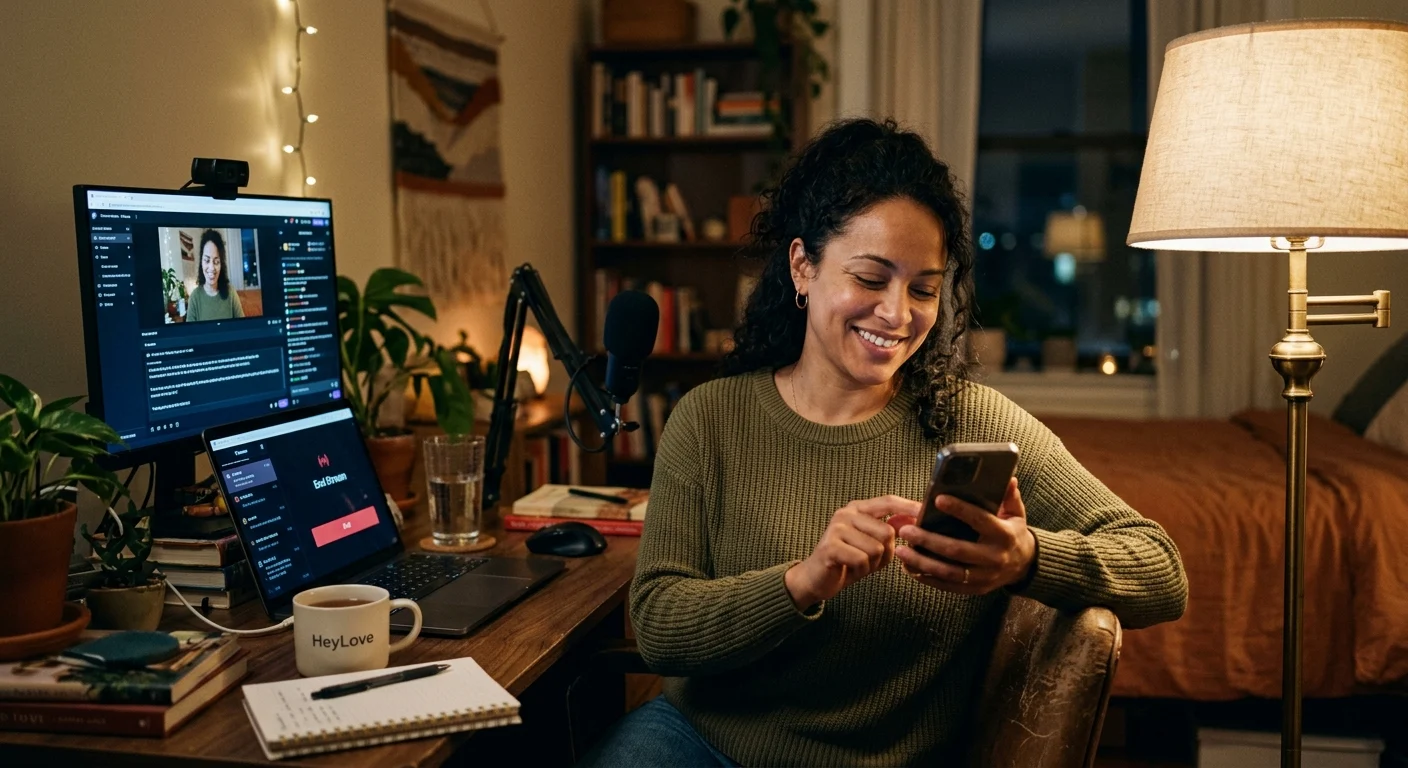 A smiling woman with dark curly hair texts on her phone at a cozy desk with a monitor, mic, and plants in a dim room.