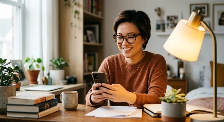 A smiling young adult Asian woman in a cozy brown sweater and glasses sits at a desk, looking at her phone in a sunlit home office.