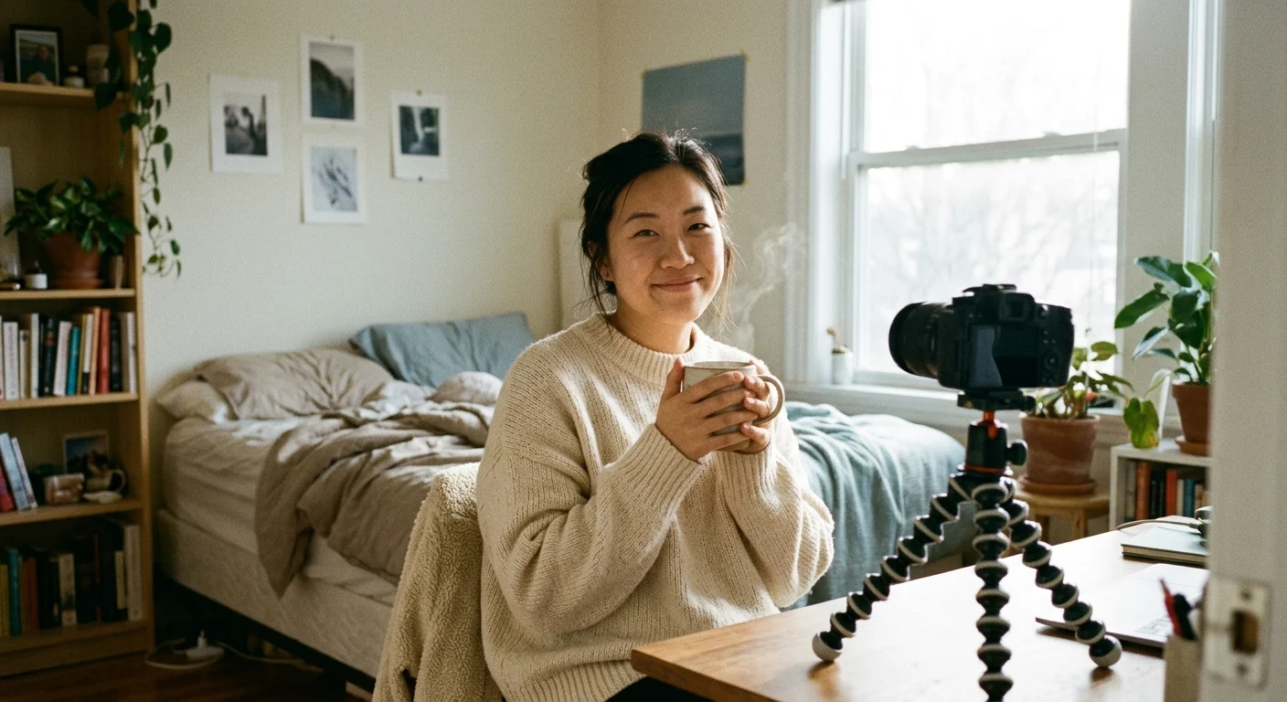 A smiling young Asian woman in a cream sweater holds a steaming mug at a desk with a camera setup in her cozy bedroom.