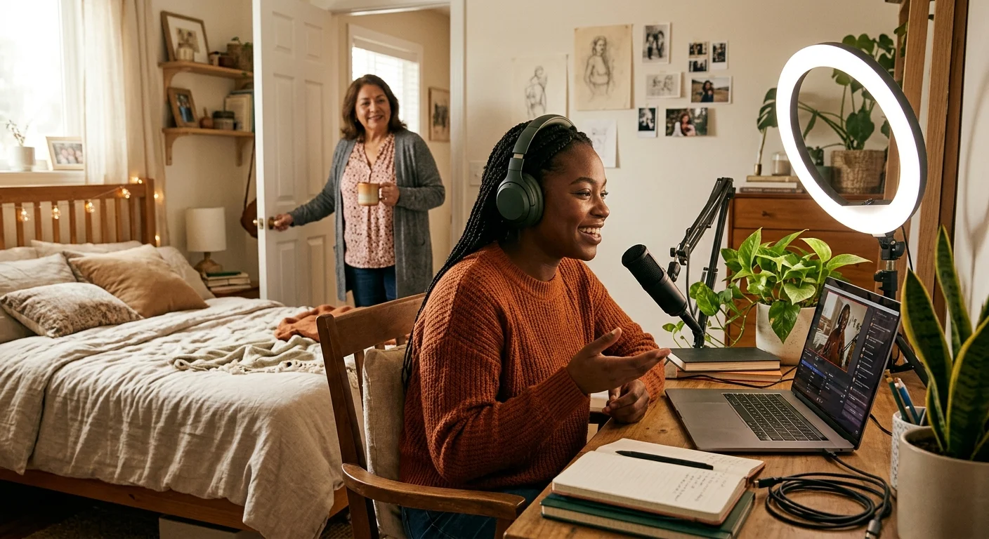 A smiling young Black woman podcasts from her cozy bedroom desk as an older Hispanic woman watches warmly from the doorway.