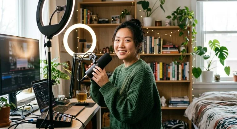 A smiling young East Asian woman in a green sweater holds a microphone at a desk with ring lights and a bookshelf, looking happy.