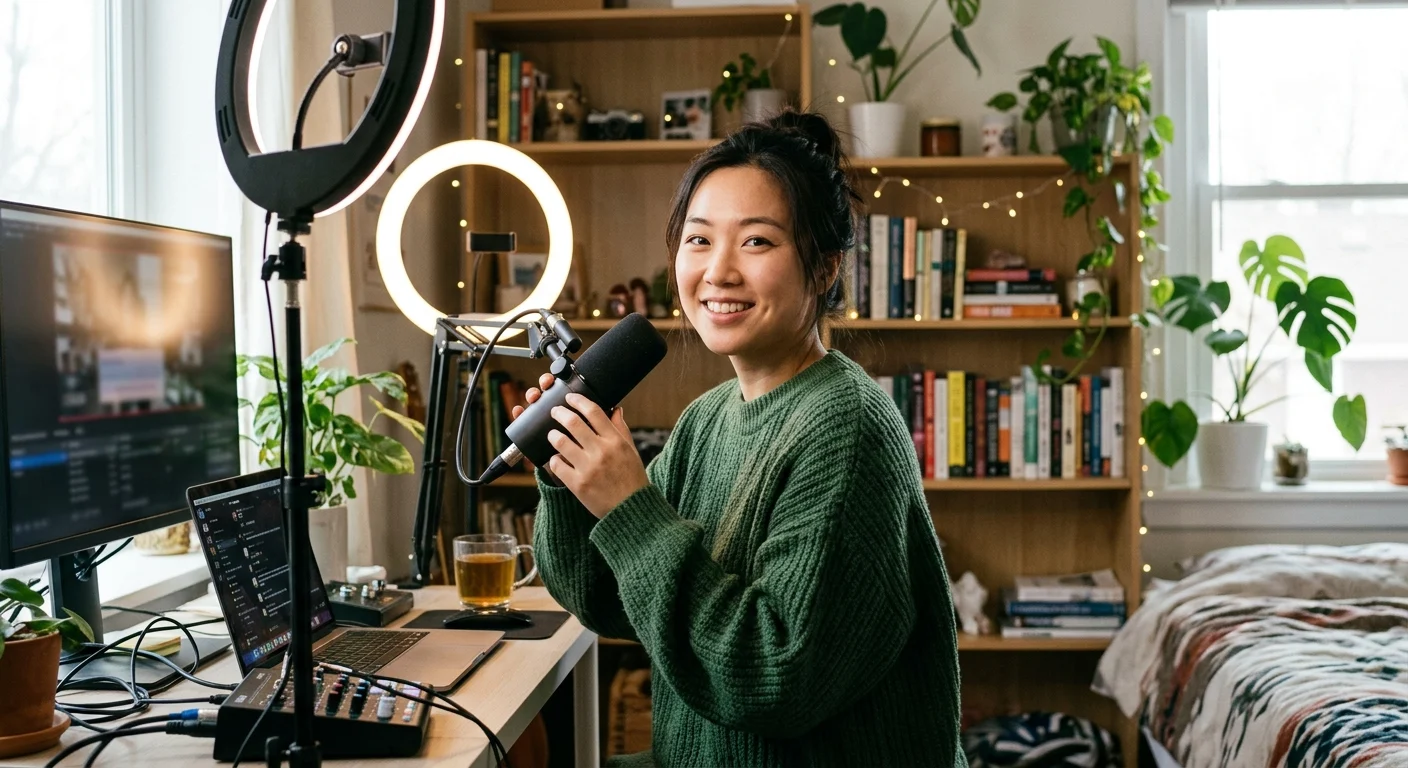 A smiling young East Asian woman in a green sweater holds a microphone at a desk with ring lights and a bookshelf, looking happy.
