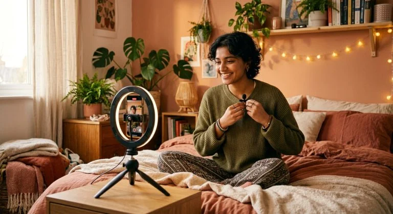 A smiling young South Asian woman in a cozy, plant-filled bedroom clips a microphone to her sweater, recording into a phone on a ring light.