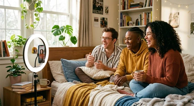 Three smiling friends, a young White man, a Black woman, and a young woman with curly hair, watch a phone on a ring light on a cozy bed.
