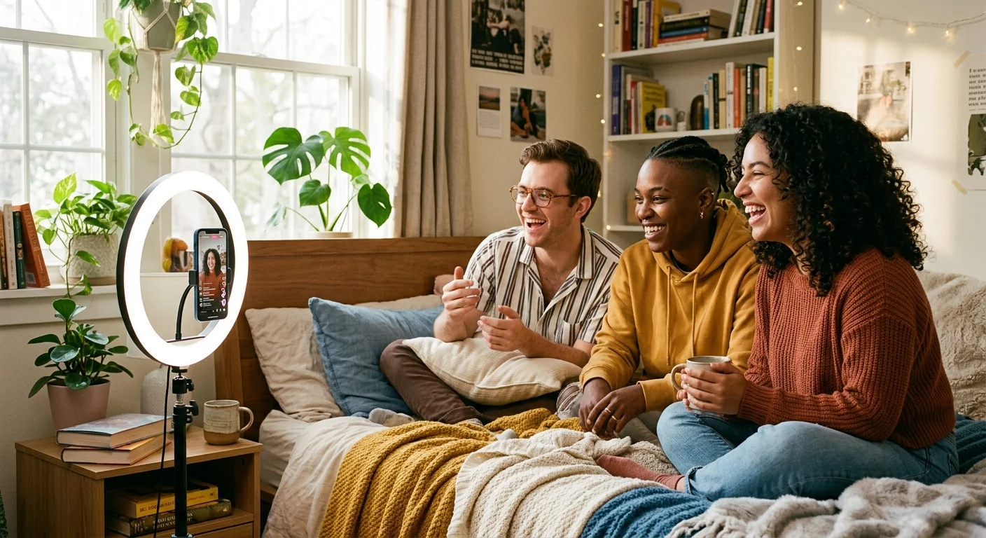 Three smiling friends, a young White man, a Black woman, and a young woman with curly hair, watch a phone on a ring light on a cozy bed.