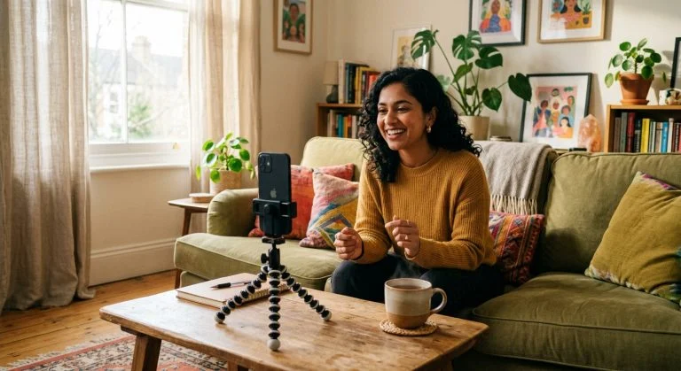 A young South Asian woman smiles brightly, gesturing at an iPhone on a tripod on a coffee table in a cozy, plant-filled living room.