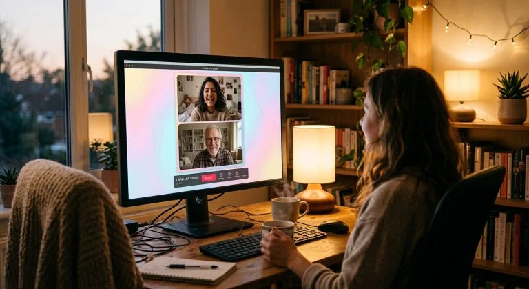 A young woman at a warmly lit desk participates in a cheerful video call with a smiling Indian woman and an older white man.
