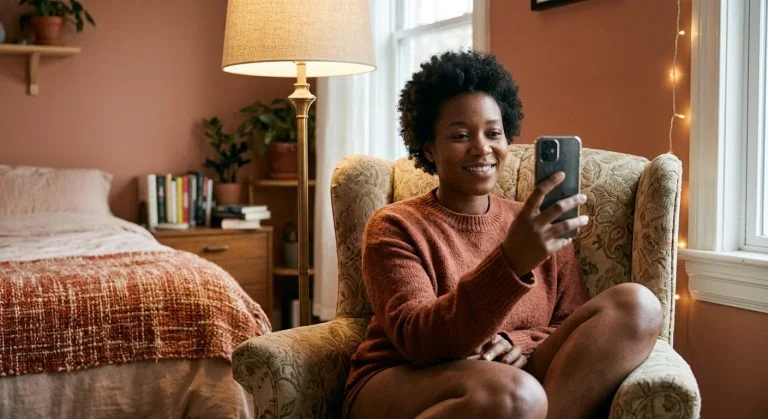 A smiling Black woman in an orange sweater relaxes in an armchair, holding a phone in a cozy bedroom.