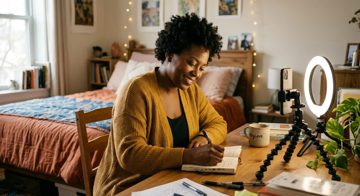 A smiling Black woman with curly hair writes in a notebook at a desk in a cozy bedroom with a glowing ring light and string lights.